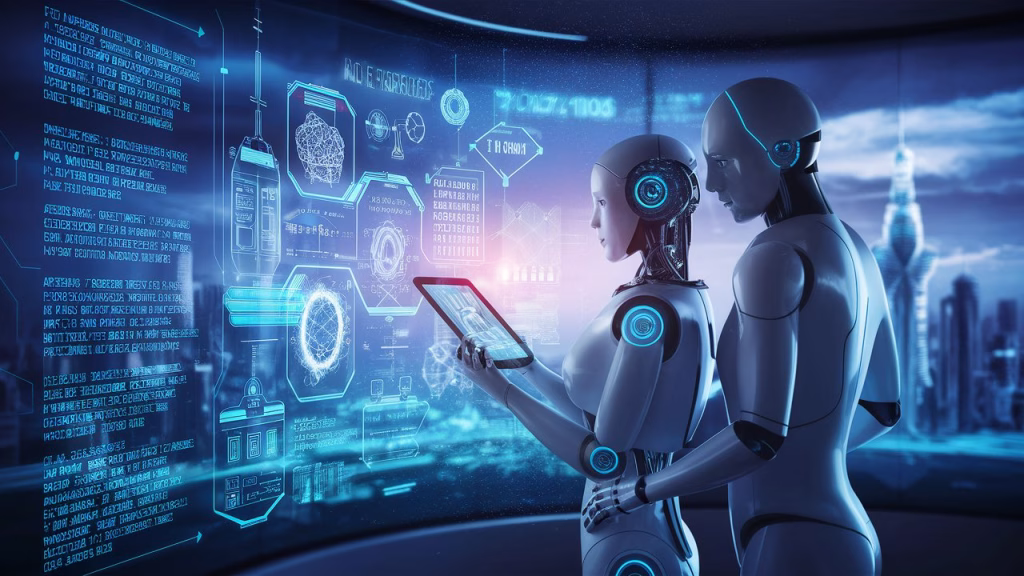 Inteligencia Artificial: El Motor de los Nuevos Trabajos y el Futuro de la Sociedad. 1 Robots frente a una pizarra electronica